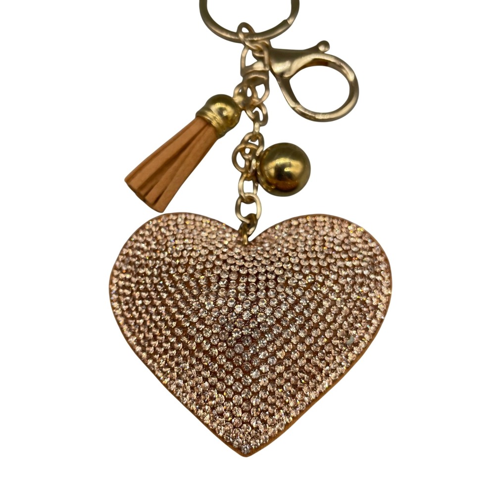 Rhinestone Heart Keychain Rose Gold Tassel Gold Tone Bag Charm Bling FOB